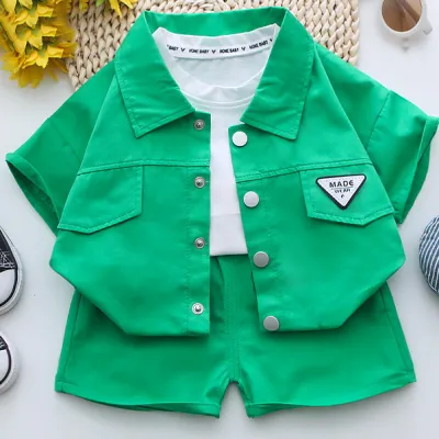 Kids Boy's Fashion Casual Summer Solid Color Short-Sleeve Cotton Shirt and Bermuda Shorts Two-Piece Set
