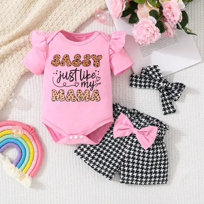Kids Baby Girls Fashion Cute Letter Print Short Sleeve Rompers Houndstooth Shorts Hairband 3-Piece Set