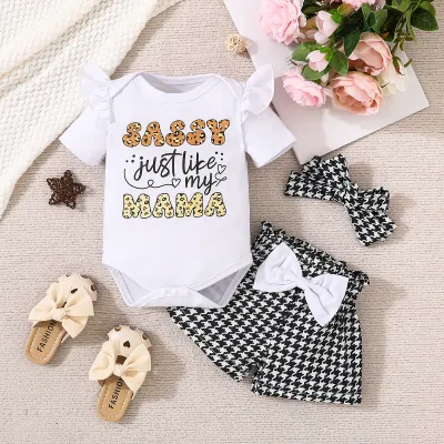 Kids Baby Girls Fashion Cute Letter Print Short Sleeve Rompers Houndstooth Shorts Hairband 3-Piece Set