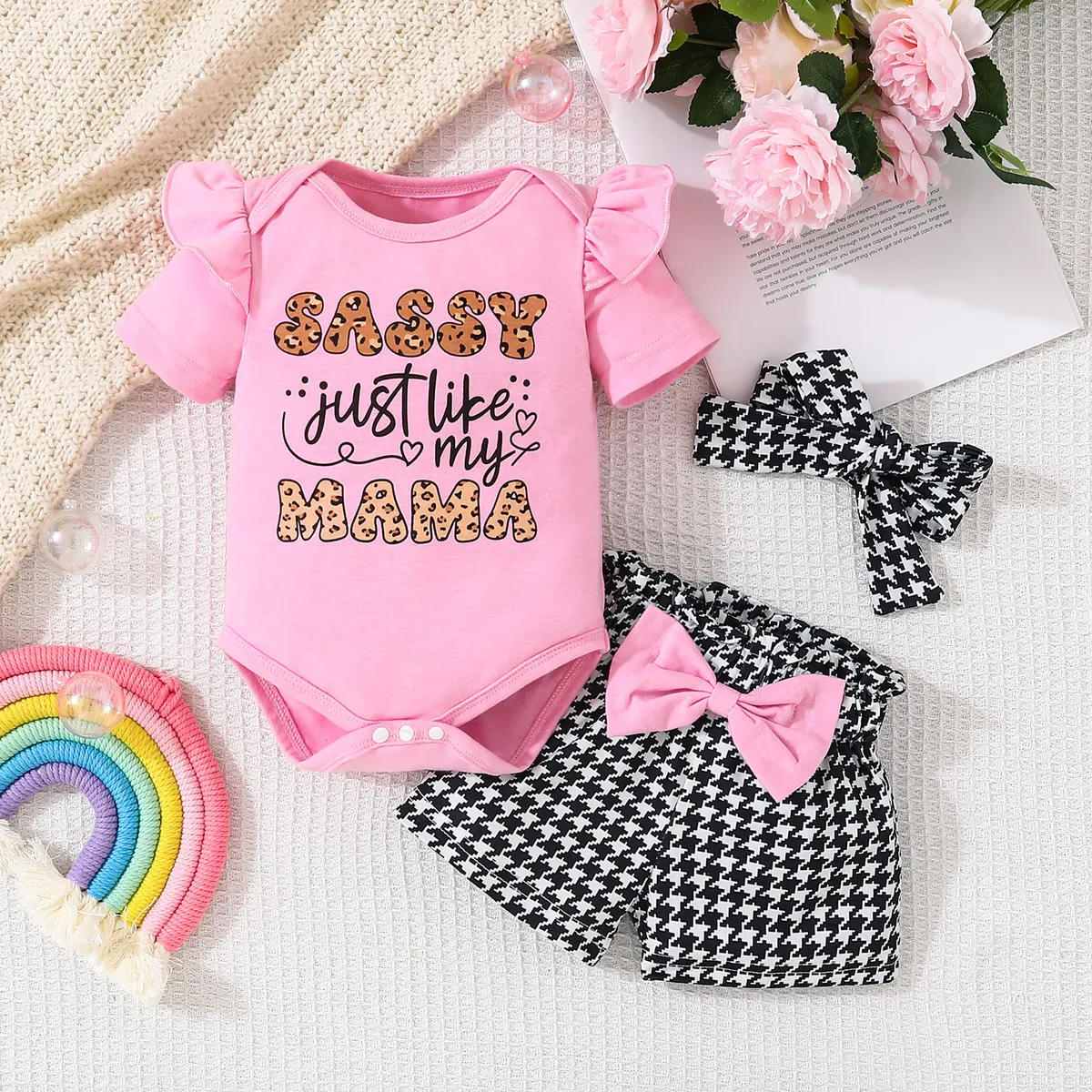 Kids Baby Girls Fashion Cute Letter Print Short Sleeve Rompers Houndstooth Shorts Hairband 3-Piece Set