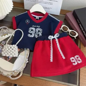 Kids Girls Fashion Summer Contrast Color Stitching Letter Short-Sleeve Cotton T-Shirt Skirt Two-Piece Set