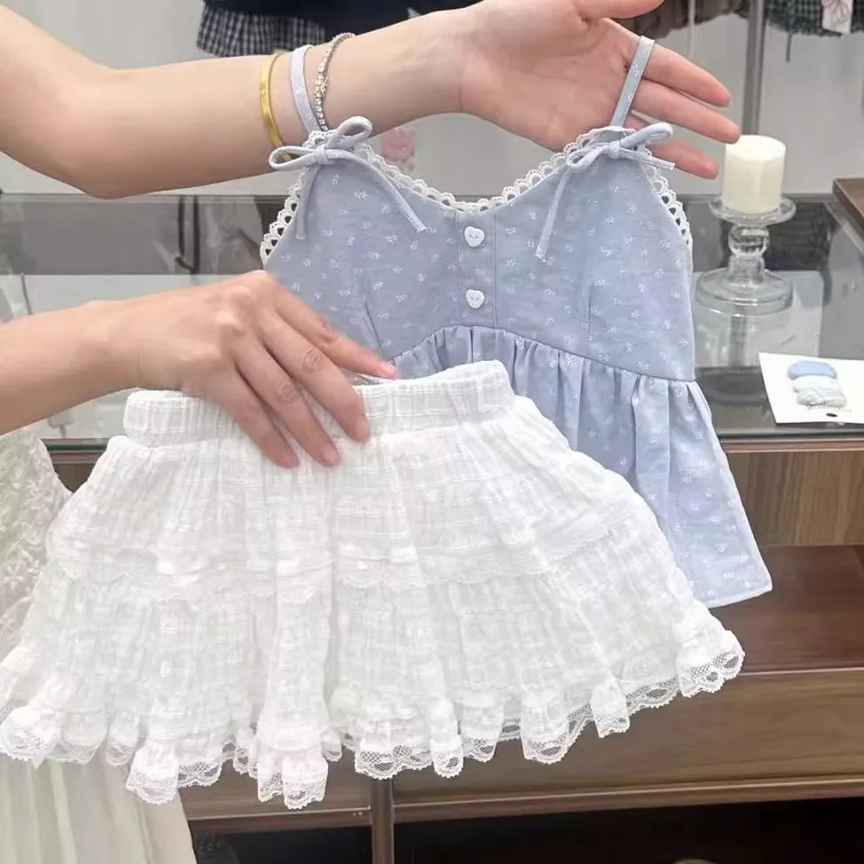 Kids Girl's Fashion Cute Summer Polka Dot Print Camisole Lace Cake Skirt Two-Piece Set
