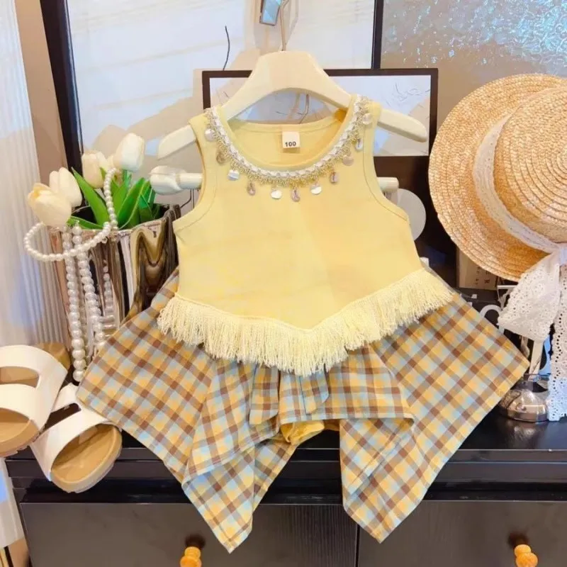Kids Girl's Fashion Cute Vacation Summer Tassel Vest Irregular Plaid Skirt Two-Piece Set