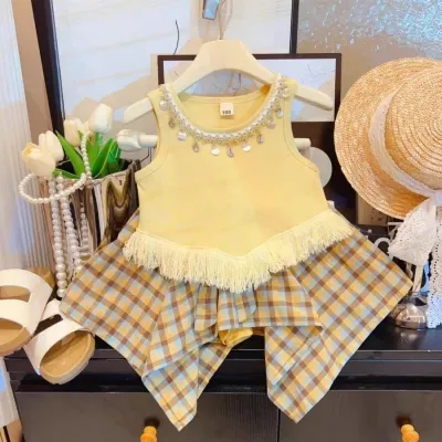 Kids Girl's Fashion Cute Vacation Summer Tassel Vest Irregular Plaid Skirt Two-Piece Set