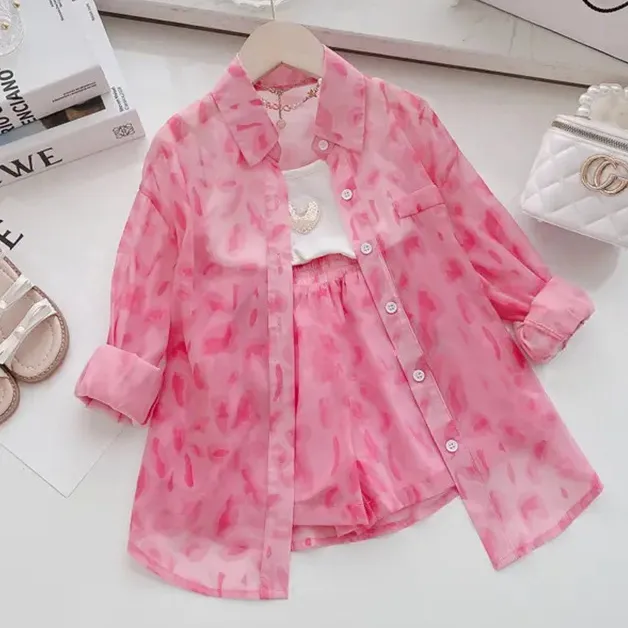 Kids Girls' Fashion Casual Summer Printed Long-Sleeve Coat Loose Shorts Two-Piece Set