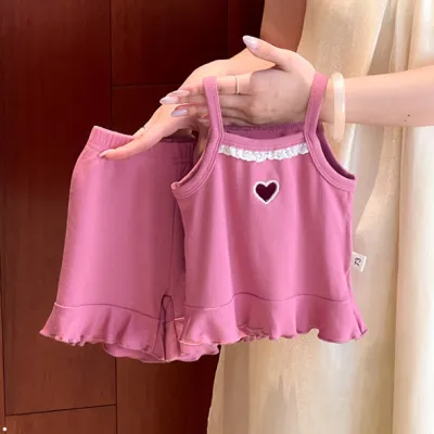 Kids Baby Girl's Fashion Summer Solid Color Love Camisole Loose Shorts Two-Piece Set Cotton Sleeveless