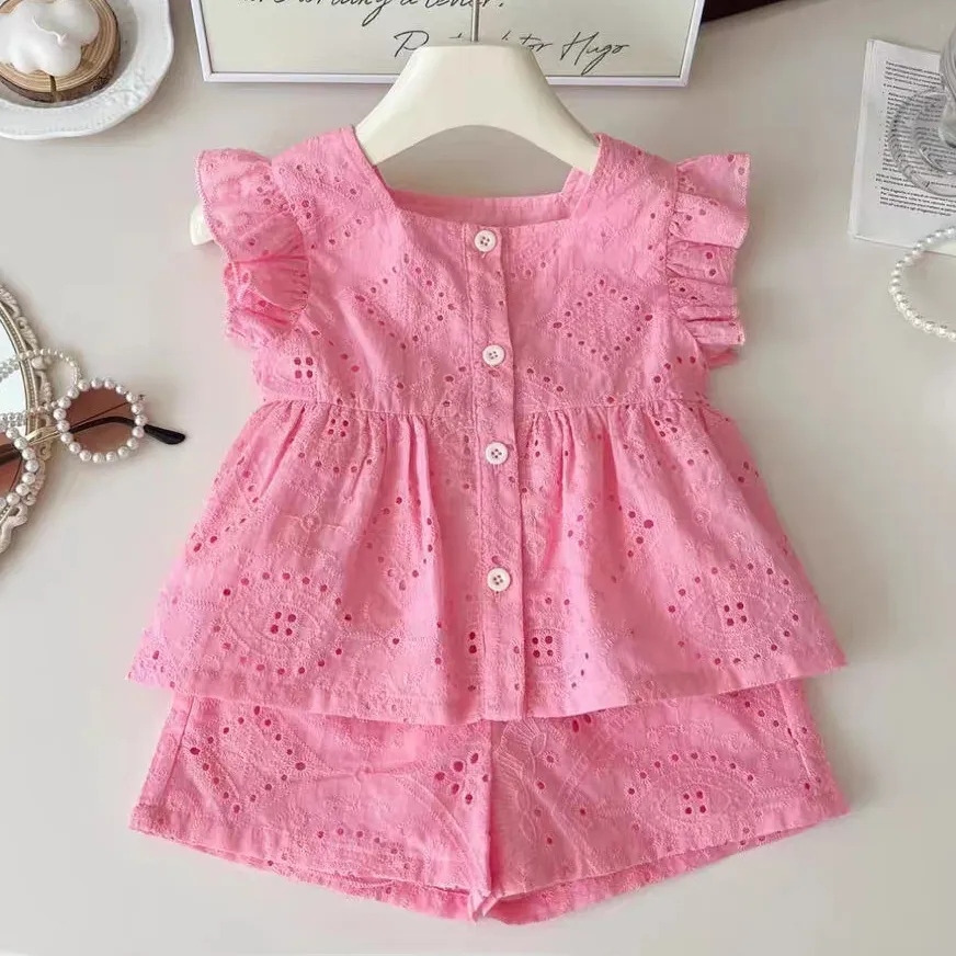 Kids Baby Girls' Fashion Casual Summer Solid Color Lace Hollow Sleeveless Top Loose Shorts Two-Piece Set