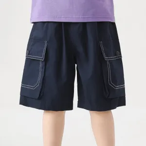 Kids Boys Fashion Casual Solid Color Cotton Pockets Shorts Mid-Waist Woven