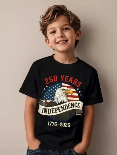 Kids Boys Fashion Casual Independence Day Printed Oversize Short-Sleeve T-Shirt Cotton Round Neck Hooded Style