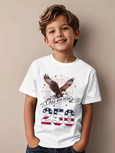 Kids Boys Fashion Casual Independence Day Printed Oversize Short-Sleeve T-Shirt Cotton Round Neck Hooded Style