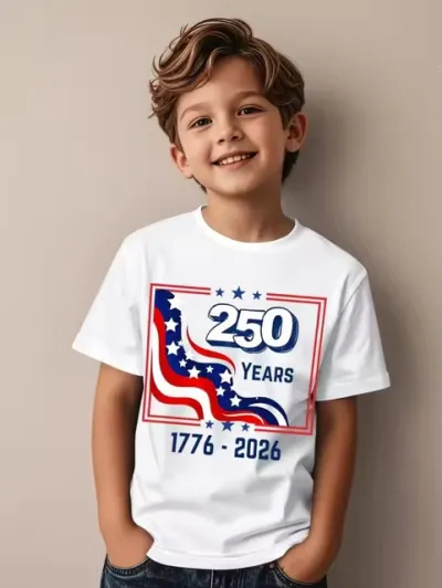 Kids Boys Fashion Casual Independence Day Printed Oversize Short-Sleeve T-Shirt Cotton Round Neck Hooded Style