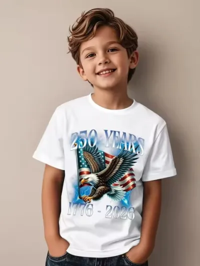 Kids Boys Fashion Casual Independence Day Printed Oversize Short-Sleeve T-Shirt Cotton Round Neck Hooded Style