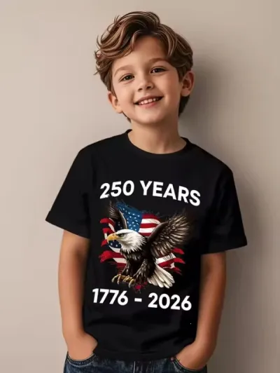 Kids Boys Fashion Casual Independence Day Printed Oversize Short-Sleeve T-Shirt Cotton Round Neck Hooded Style