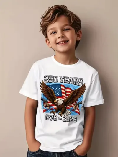 Kids Boys Fashion Casual Independence Day Printed Oversize Short-Sleeve T-Shirt Cotton Round Neck Hooded Style