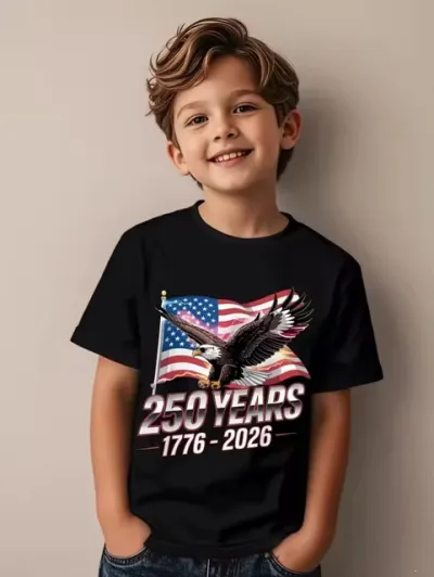 Kids Boys Fashion Casual Independence Day Printed Oversize Short-Sleeve T-Shirt Cotton Round Neck Hooded Style
