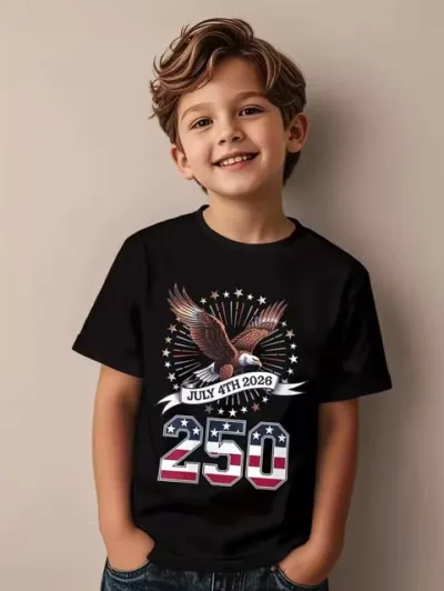 Kids Boys Fashion Casual Independence Day Printed Oversize Short-Sleeve T-Shirt Cotton Round Neck Hooded Style