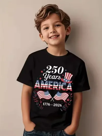 Kids Boys Fashion Casual Independence Day Printed Oversize Short-Sleeve T-Shirt Cotton Round Neck Hooded Style