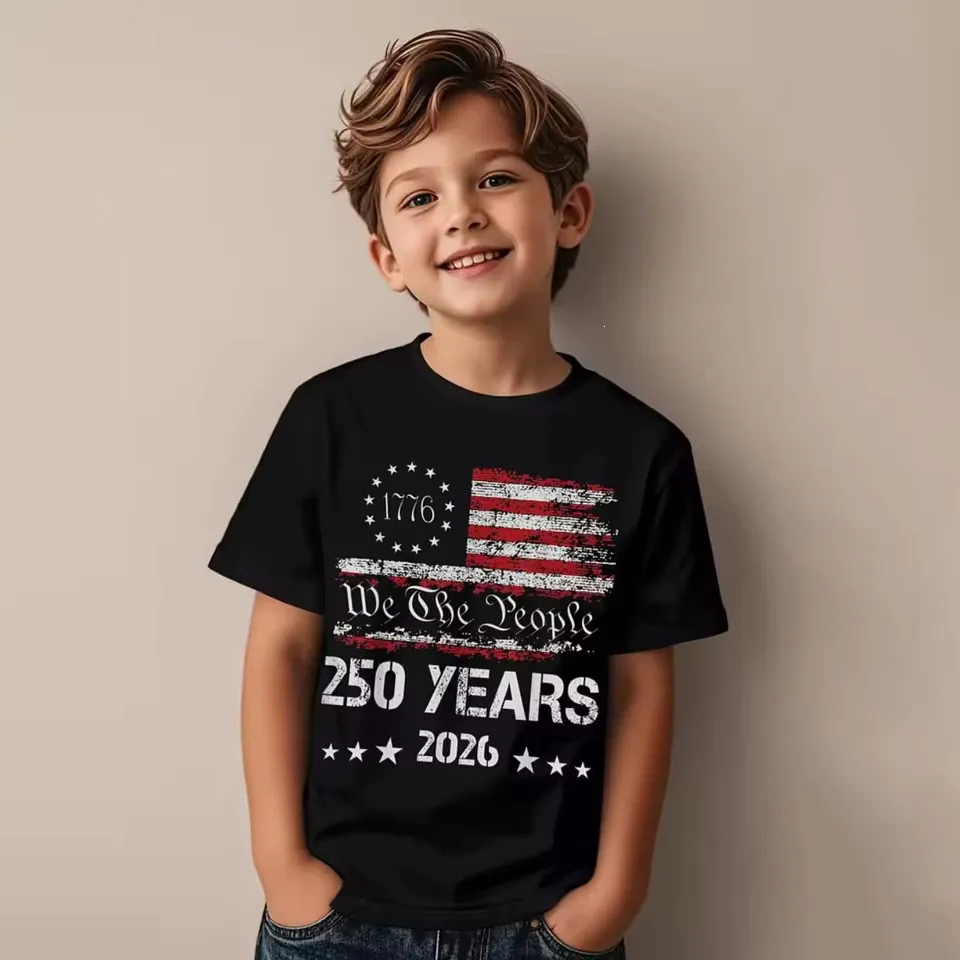 Kids Boys Fashion Casual Independence Day Printed Oversize Short-Sleeve T-Shirt Cotton Round Neck Hooded Style