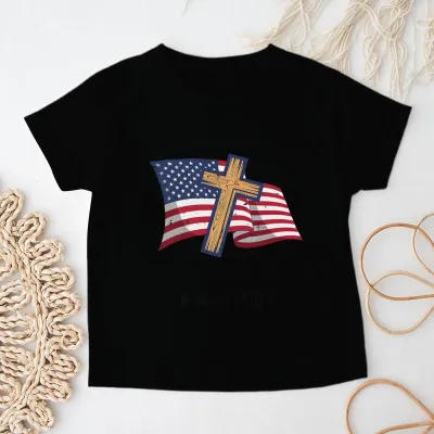 Kids Boys And Girls USA Independence Day Printed Round Neck Short Sleeve T-Shirt Unisex Casual Cotton