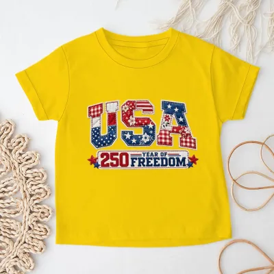 Kids Boys And Girls USA Independence Day Printed Round Neck Short Sleeve T-Shirt Unisex Casual Cotton