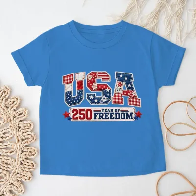 Kids Boys And Girls USA Independence Day Printed Round Neck Short Sleeve T-Shirt Unisex Casual Cotton