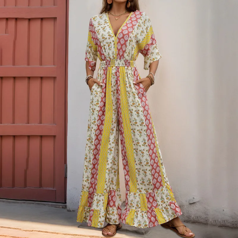 Women Fashion Casual Boho Summer Printed V-Neck Short-Sleeve High Waist Loose Jumpsuits
