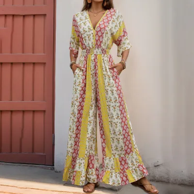 Women Fashion Casual Boho Summer Printed V-Neck Short-Sleeve High Waist Loose Jumpsuits
