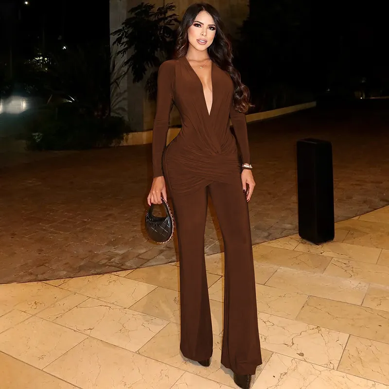 Women Fashion Casual Spring Solid Color Deep V-Neck Long-Sleeve Pleated Slim-Fit Jumpsuits