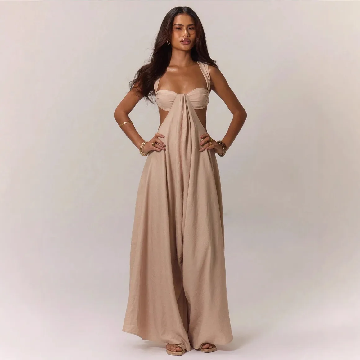 Women Fashion Sexy Solid Color Lace-Up Wide Leg Jumpsuits