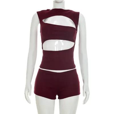 Women Fashion Sexy Solid Color Hollow Design Sleeveless Tank Top Tight Shorts Two-Piece Set