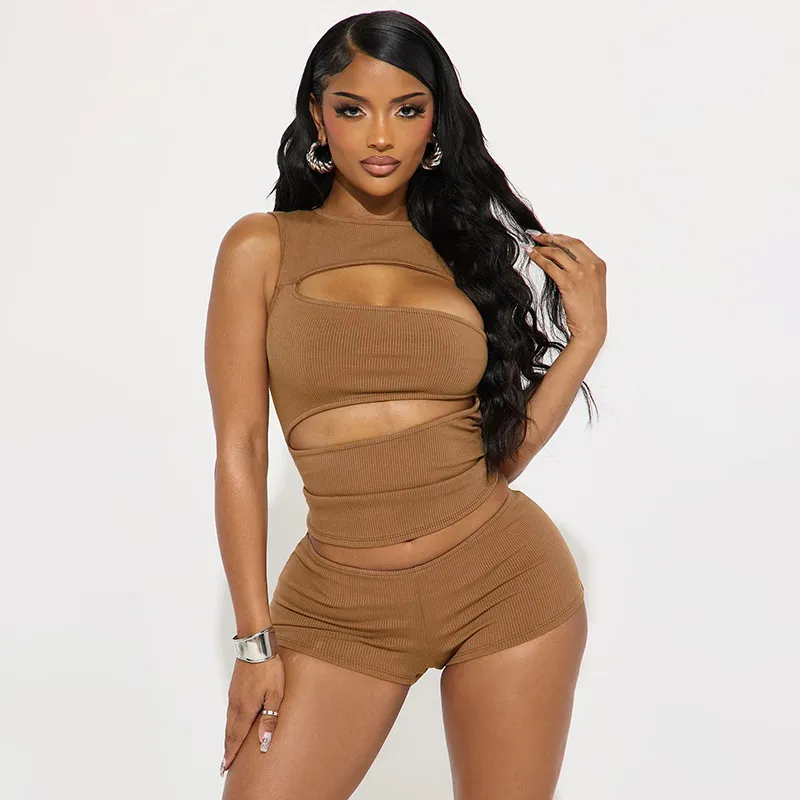 Women Fashion Sexy Solid Color Hollow Design Sleeveless Tank Top Tight Shorts Two-Piece Set