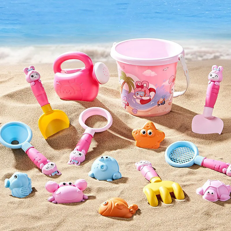 Fashion Cute Rabbit Beach Bucket Sand Digging Shovel 14pcs Set Plastic Kids Toys