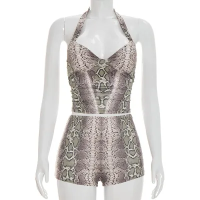 Women Fashion Sexy Snake Print Halter-Neck Crop Top Tight Shorts Two-Piece Set