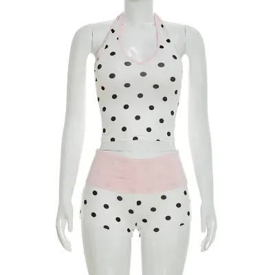 Women Fashion Sexy Contrast Color Polka Dot Print Halter-Neck Crop Top Tight Shorts Two-Piece Set