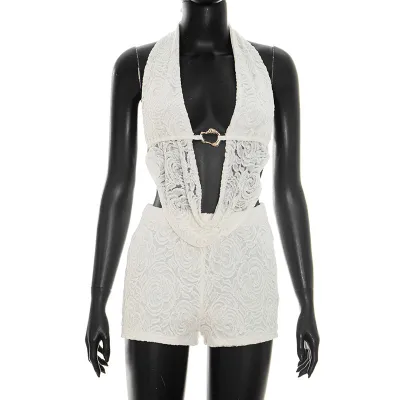Women Fashion Sexy Solid Color Lace Halter-Neck Cowl Neck Backless Top Slim-Fit Shorts Two-Piece Set