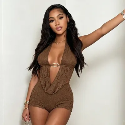 Women Fashion Sexy Solid Color Lace Halter-Neck Cowl Neck Backless Top Slim-Fit Shorts Two-Piece Set