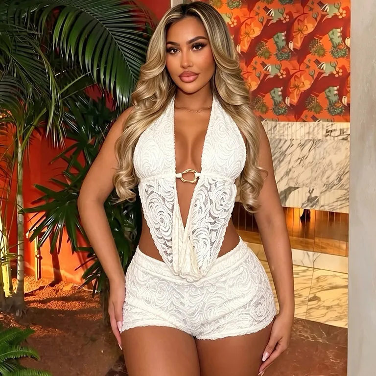 Women Fashion Sexy Solid Color Lace Halter-Neck Cowl Neck Backless Top Slim-Fit Shorts Two-Piece Set
