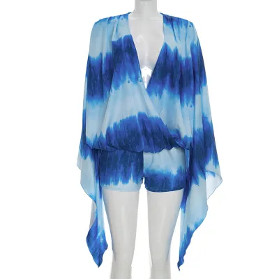 Women Fashion Sexy Tie-Dye Printed Big Horn Sleeve Top Tight Shorts Two-Piece Set