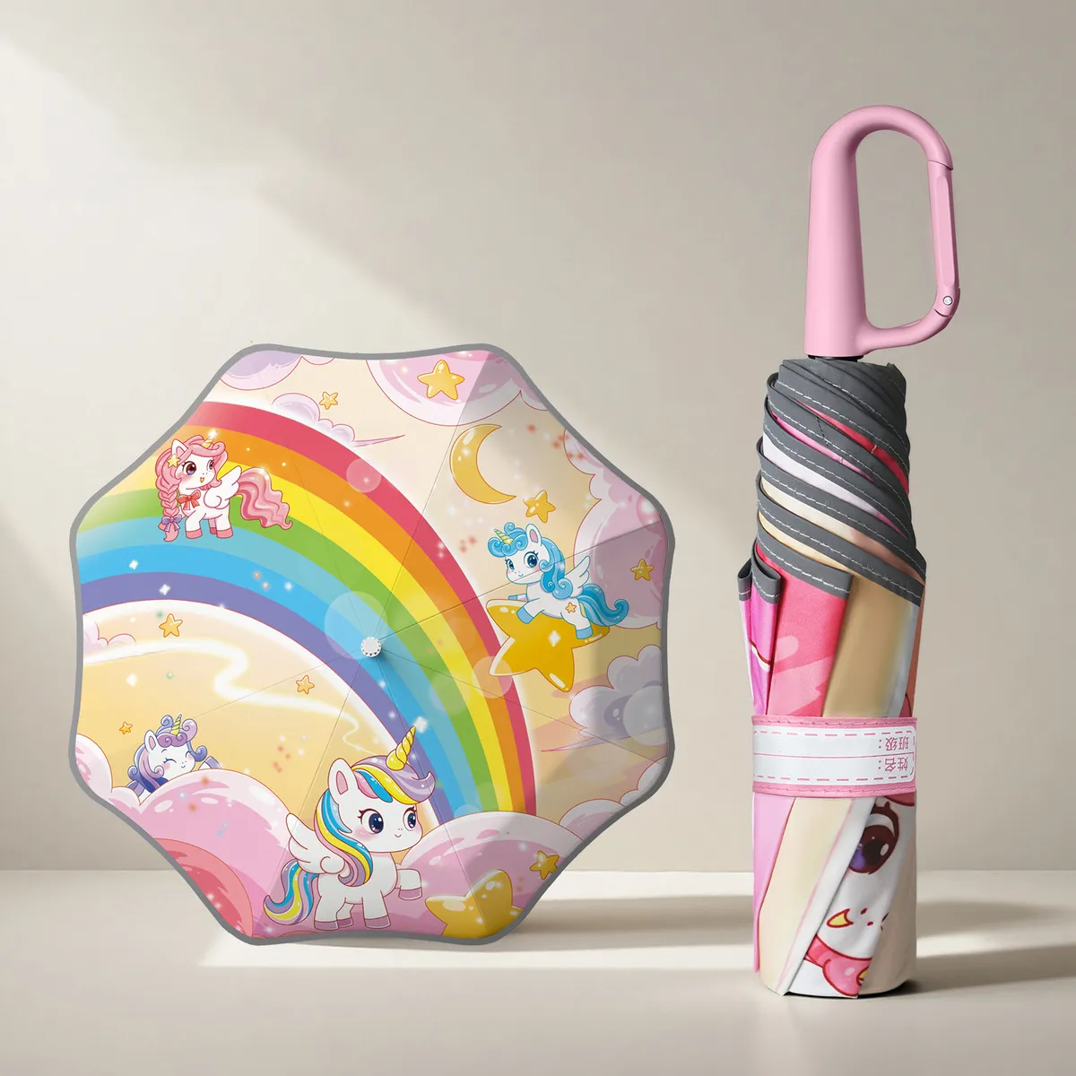Fashion Cartoon Manual Open Loop Folding Umbrella 8 Bones UPF 50+