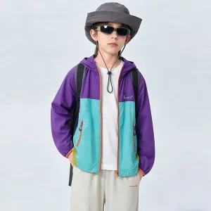 Kids Boys Summer Color Contrast Lightweight Breathable Sun Protection Exercise Coat Zip Up Hoodie