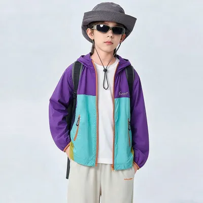 Kids Boys Summer Color Contrast Lightweight Breathable Sun Protection Exercise Coat Zip Up Hoodie