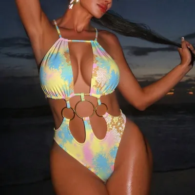 Women Fashion Sexy Printed Hollow Out Backless One-Piece Swimsuit