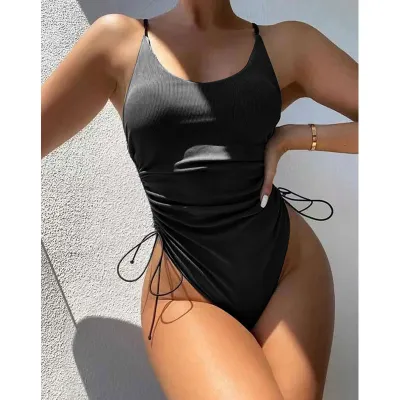 Women Fashion Sexy Solid Color Drawstring One-Piece Swimsuit