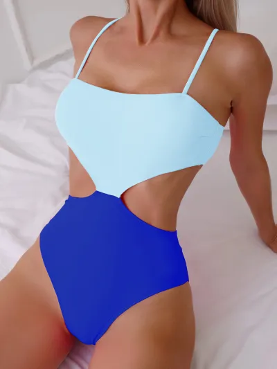 Women Fashion Color Block Hollow One-Piece Swimsuit