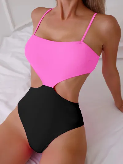 Women Fashion Color Block Hollow One-Piece Swimsuit