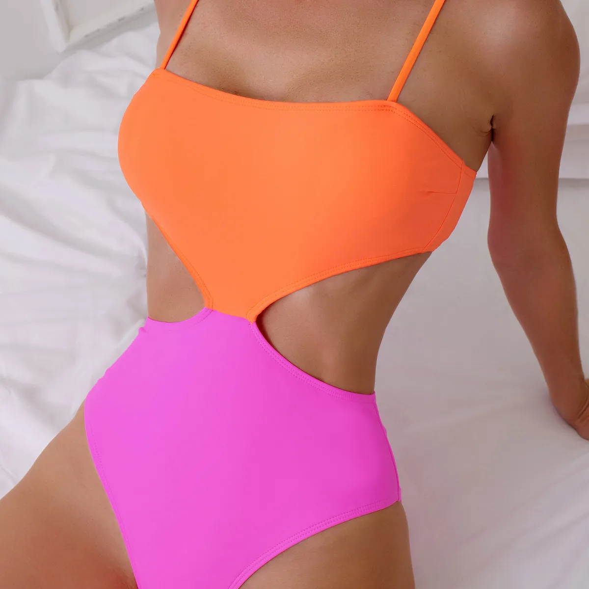 Women Fashion Color Block Hollow One-Piece Swimsuit