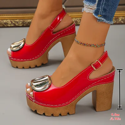 Women's Fashion Solid Color Peep-Toe Square Buckle Chunky Heel Sandals