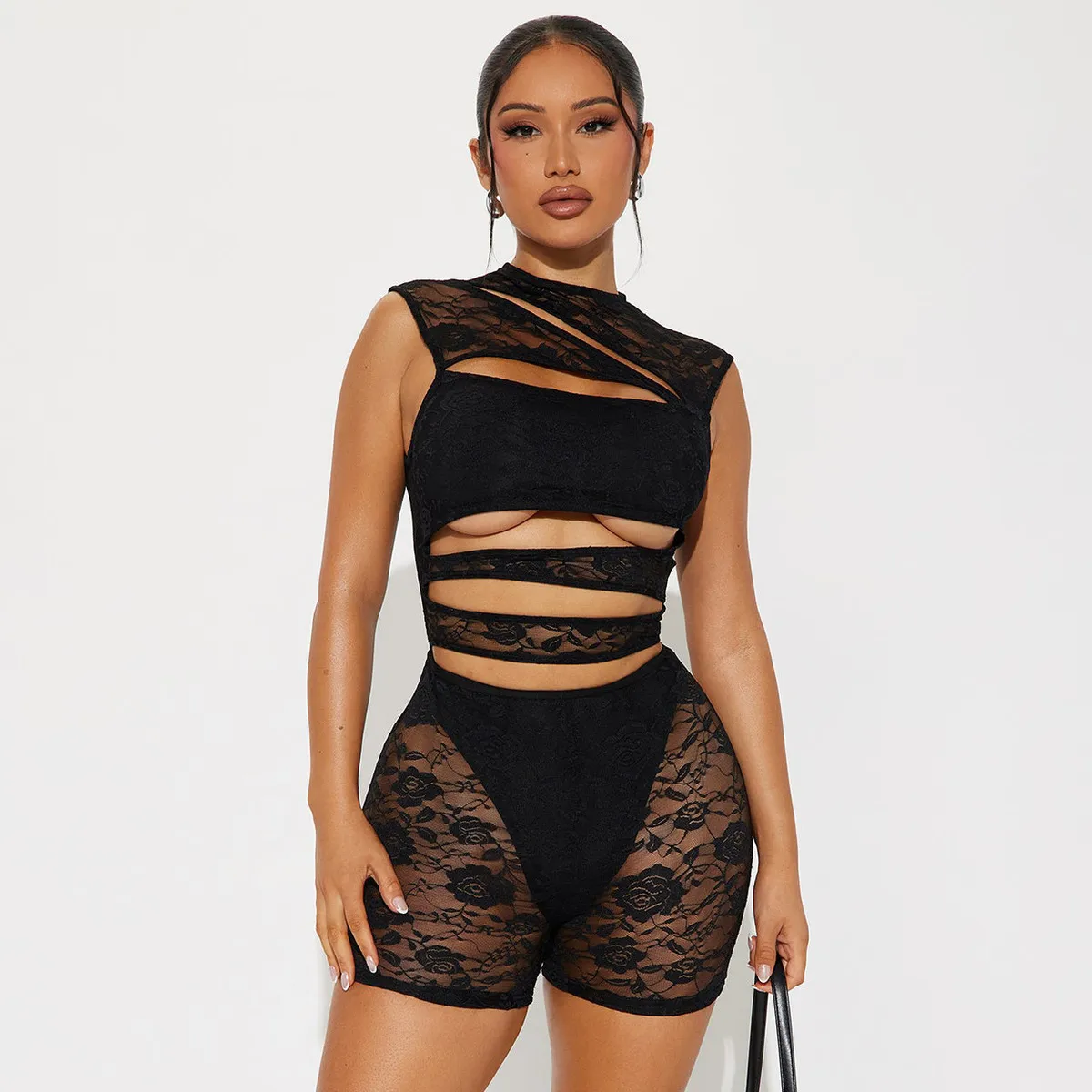 Women Fashion Sexy Solid Color Lace Hollow-Out Sleeveless Tight Rompers