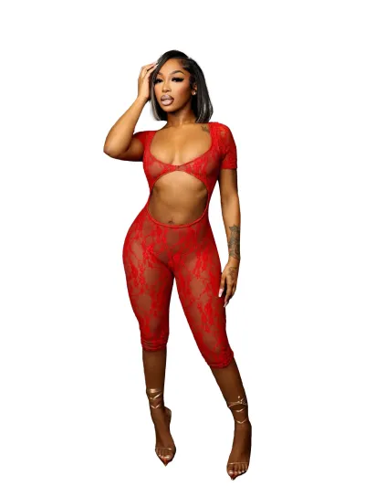 Women Fashion Sexy Solid Color Lace U-Neck Short-Sleeve Tight Jumpsuits