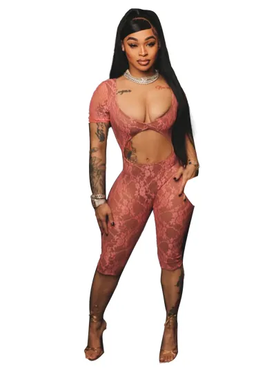 Women Fashion Sexy Solid Color Lace U-Neck Short-Sleeve Tight Jumpsuits